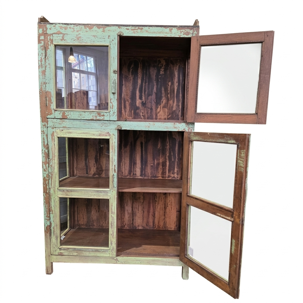 vihreä vitriinikaappi ovet auki